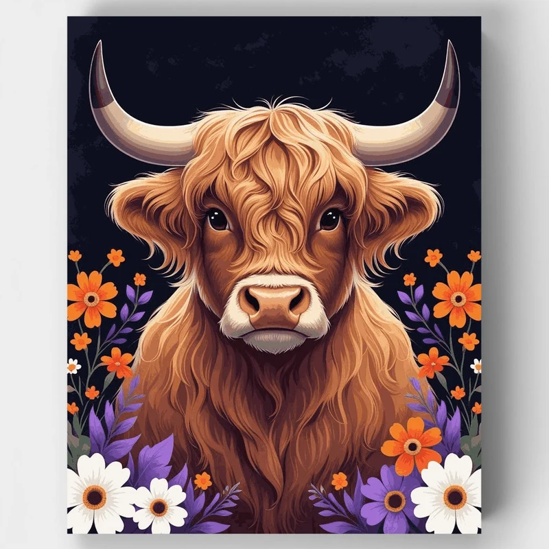 Highland Cow with Flowers - Paint by Numbers Kit