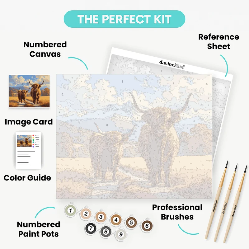Highland Cows in Mountain Valley - Paint by Numbers Kit