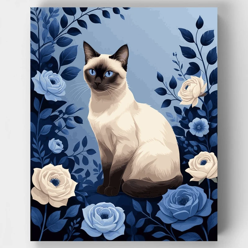 Siamese Cat in Blue Floral Garden - Paint by Numbers Kit