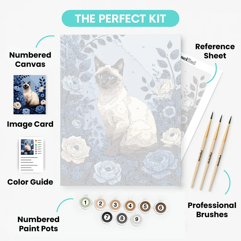 Siamese Cat in Blue Floral Garden - Paint by Numbers Kit