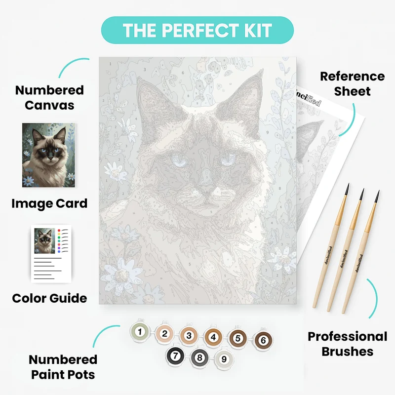 Siamese Cat with Blue Eyes in Flower Garden - Paint by Numbers Kit