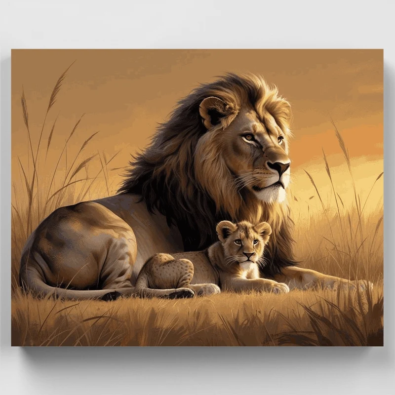 Majestic Lion and Cub in Golden Savanna - Paint by Numbers Kit