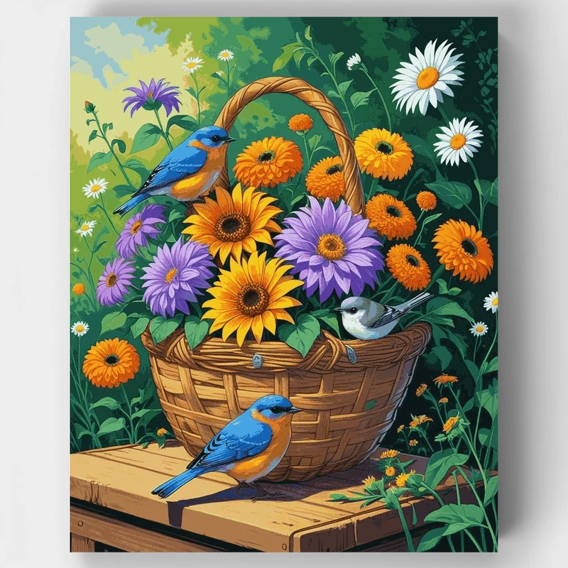 Bluebirds and Sunflower Basket - Paint by Numbers Kit