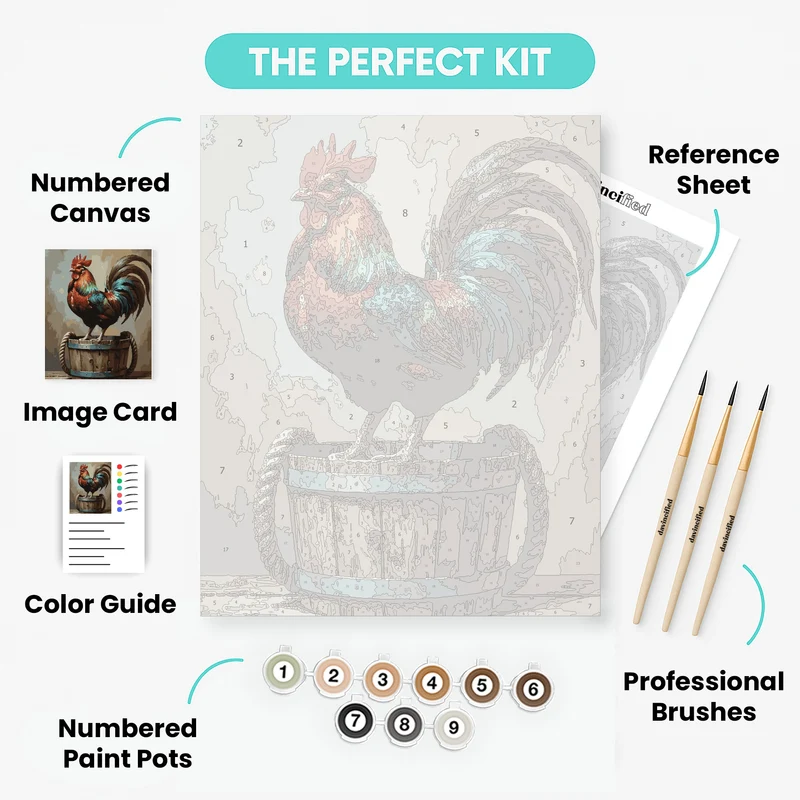 Vibrant Rooster on Wooden Barrel - Paint by Numbers Kit