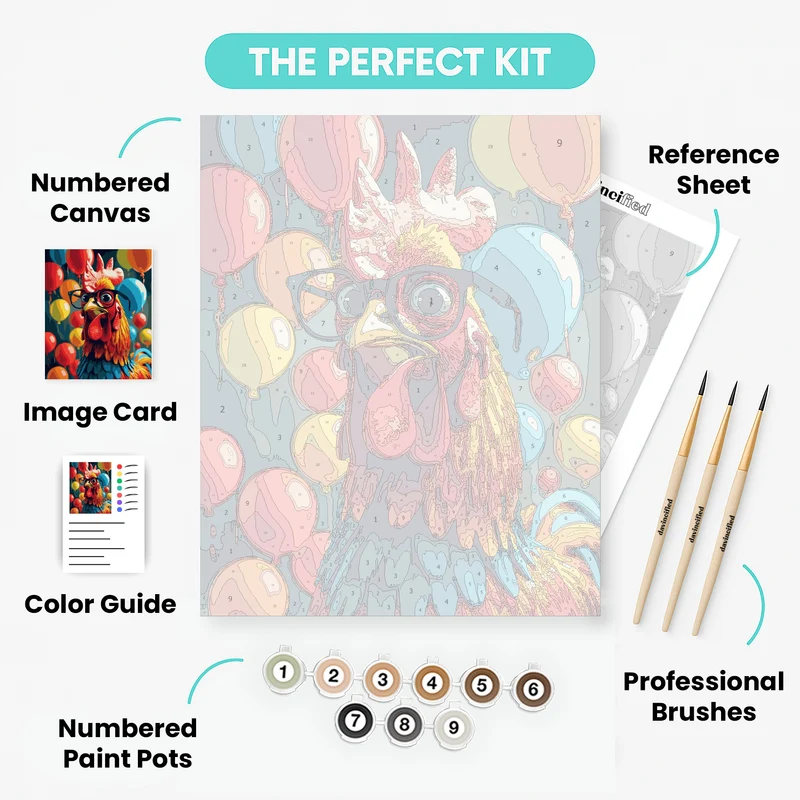 Rooster with Glasses and Balloons - Paint by Numbers Kit