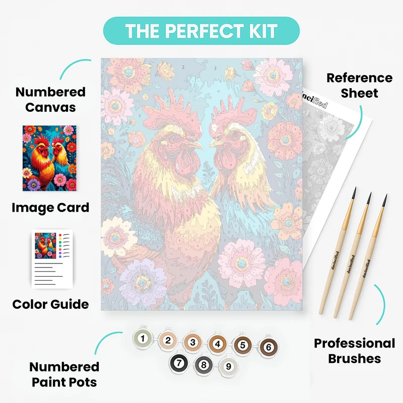 Vibrant Roosters in Floral Garden - Paint by Numbers Kit