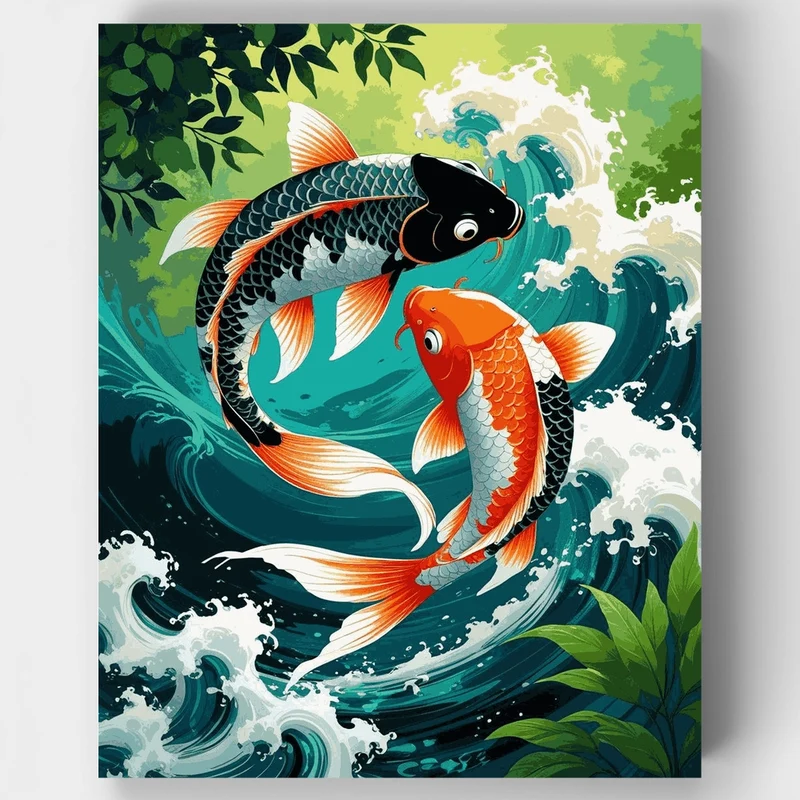 Koi Fish in Turquoise Waves - Paint by Numbers Kit