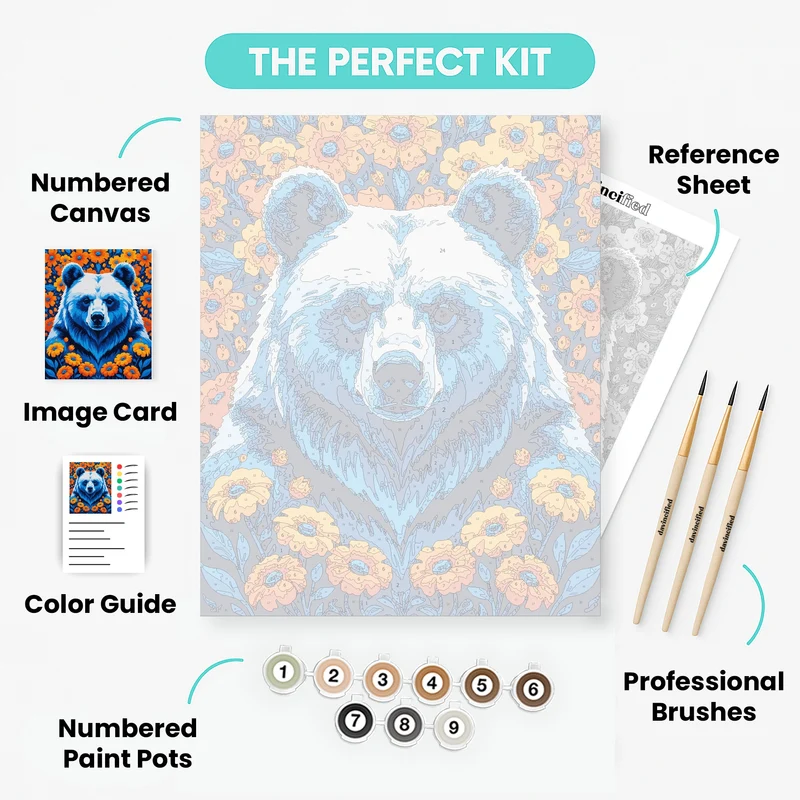 Blue Bear with Orange Flowers - Paint by Numbers Kit