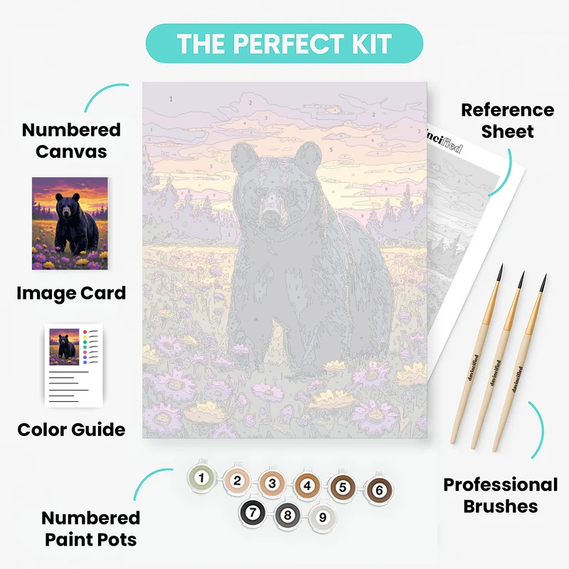 Black Bear in Wildflower Meadow at Sunset - Paint by Numbers Kit