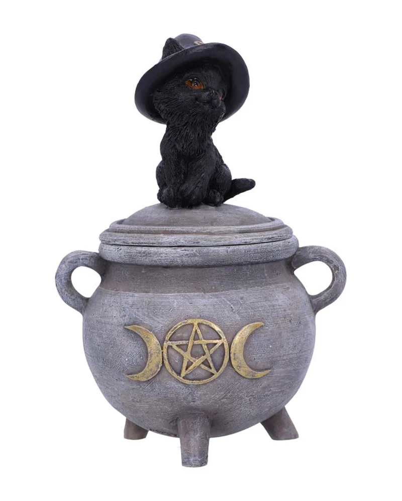 Schwarze Katze mit Hexenkessel Schatulle 14cm