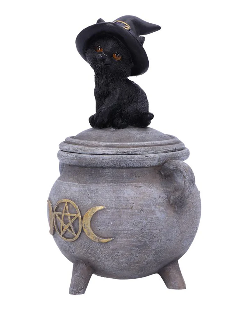 Schwarze Katze mit Hexenkessel Schatulle 14cm