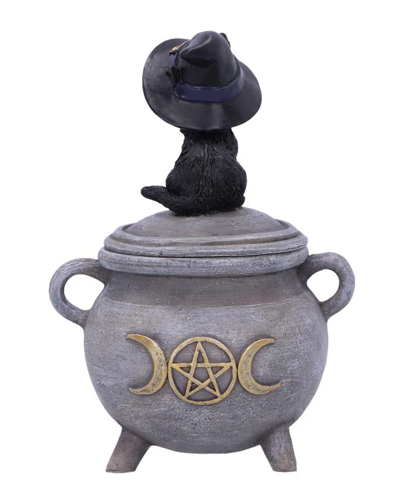 Schwarze Katze mit Hexenkessel Schatulle 14cm