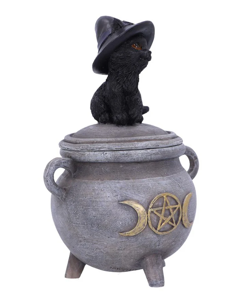 Schwarze Katze mit Hexenkessel Schatulle 14cm