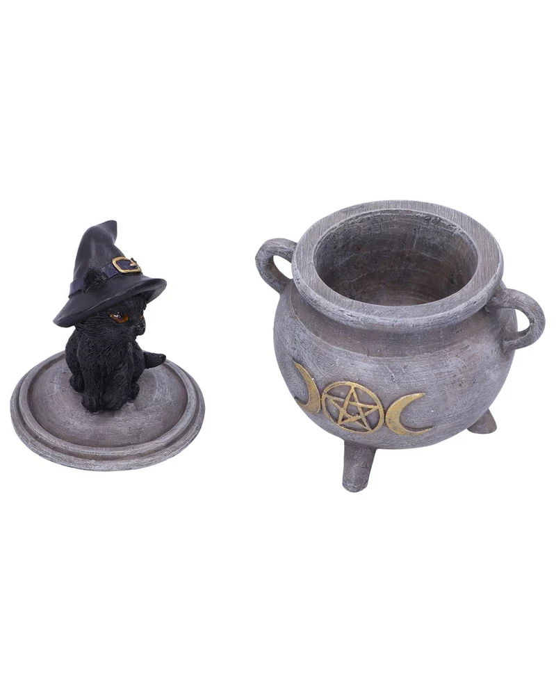 Schwarze Katze mit Hexenkessel Schatulle 14cm