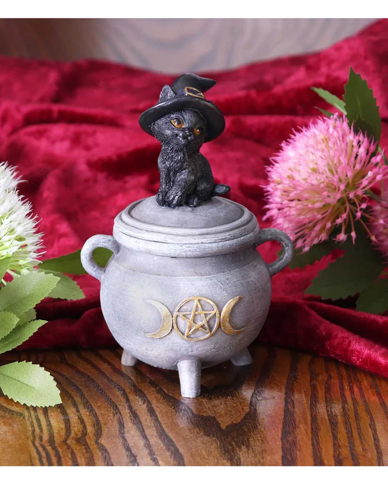 Schwarze Katze mit Hexenkessel Schatulle 14cm