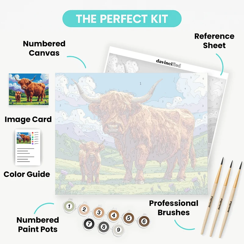 Highland Cows and Calf in Scottish Meadow - Paint by Numbers Kit