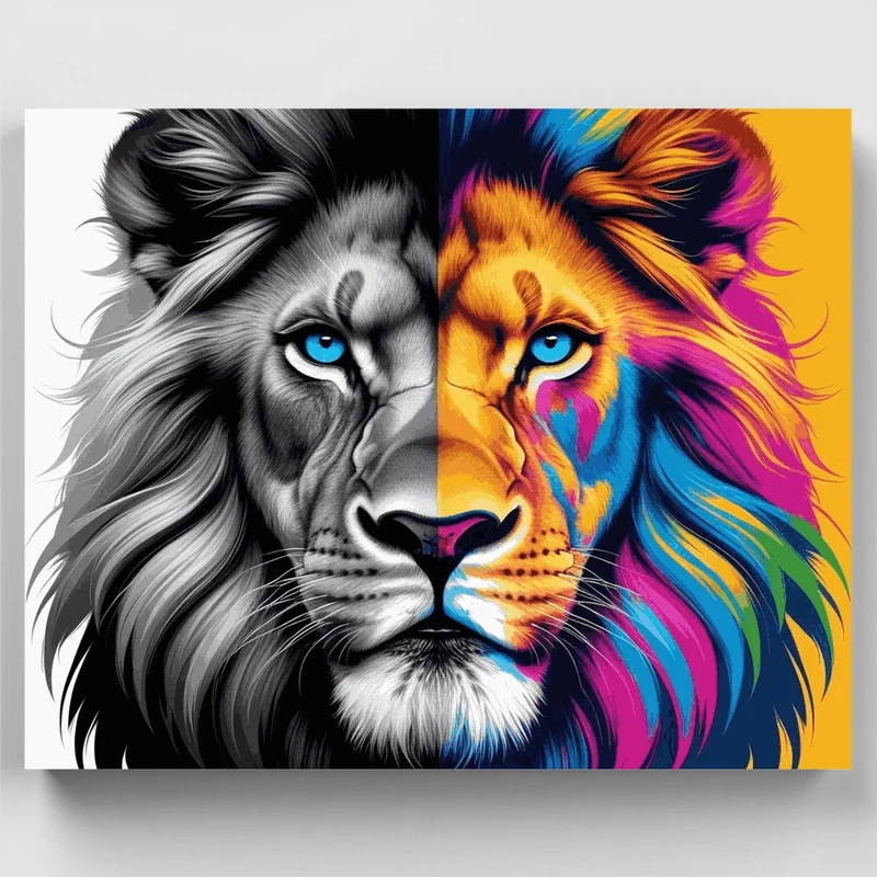 Vibrant Lion Portrait Split Design - Paint by Numbers Kit