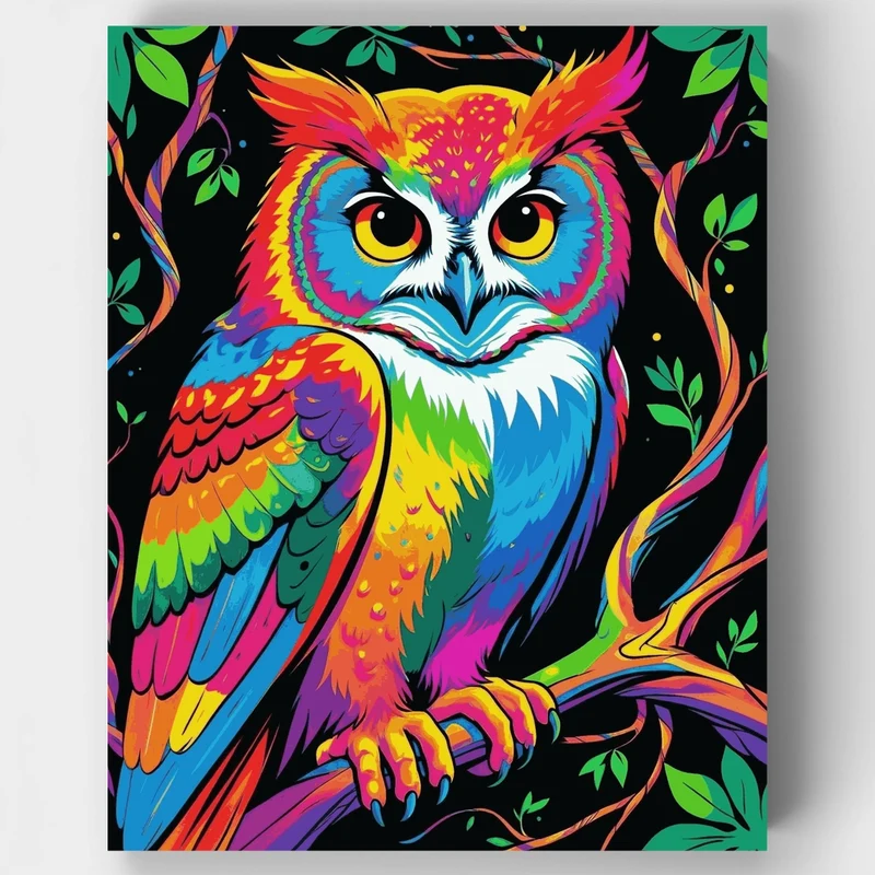 Neon Rainbow Owl on Branches - Paint by Numbers Kit