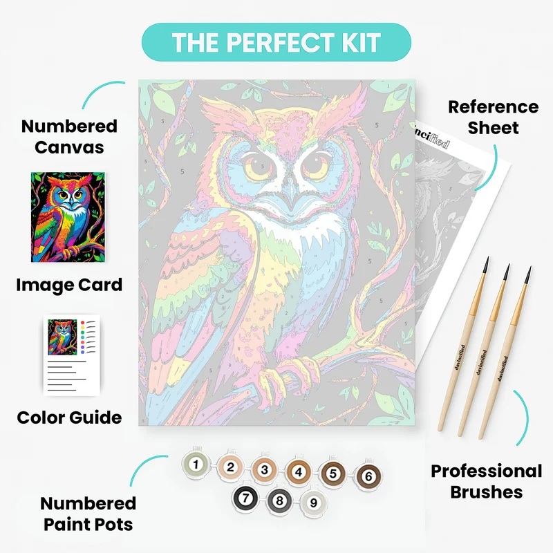 Neon Rainbow Owl on Branches - Paint by Numbers Kit