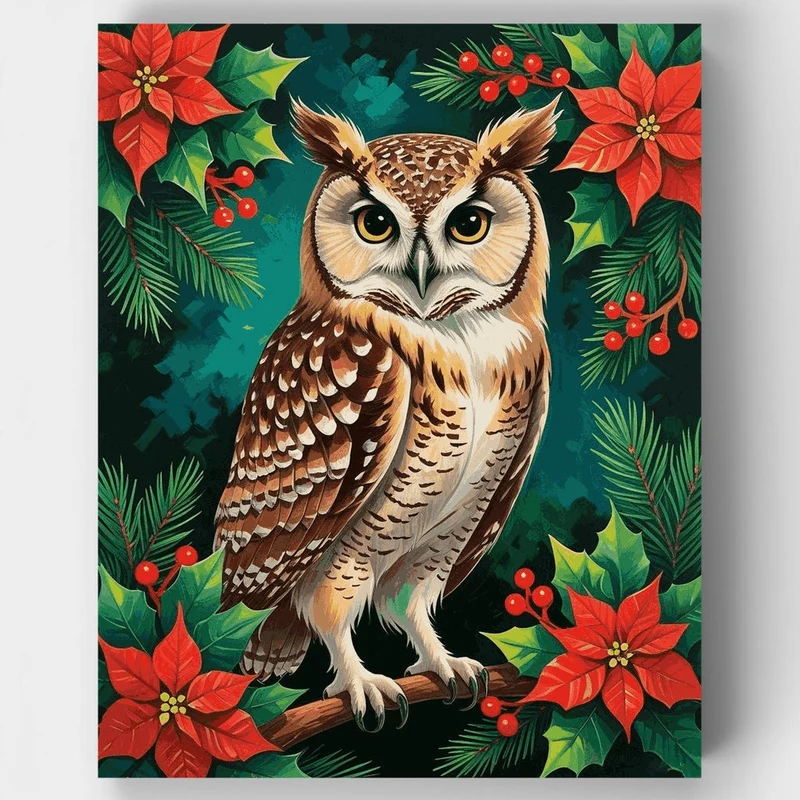 Christmas Owl with Poinsettias and Holly - Paint by Numbers Kit