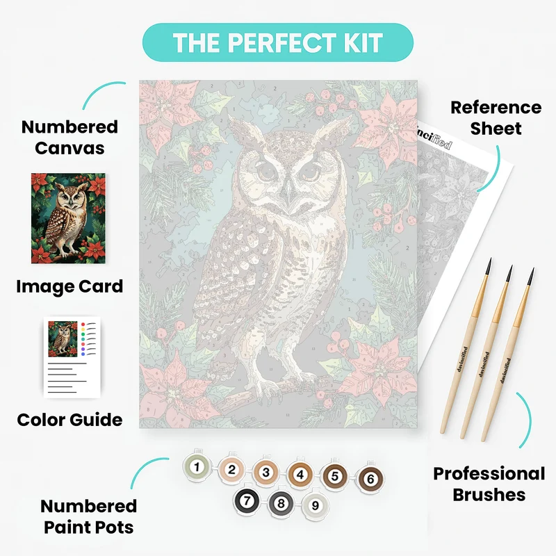 Christmas Owl with Poinsettias and Holly - Paint by Numbers Kit