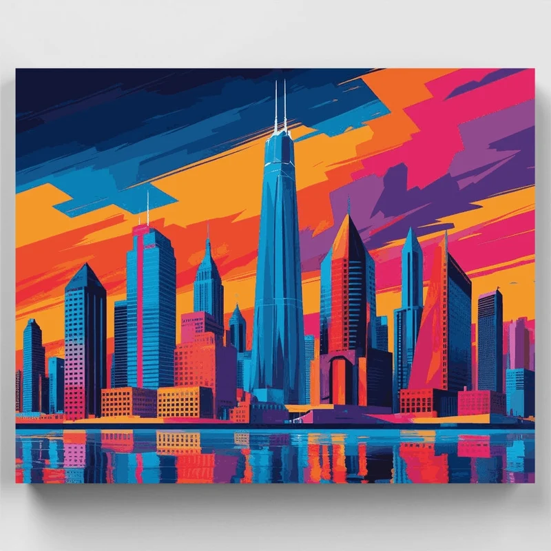 Chicago Skyline Vibrant Sunset - Paint by Numbers Kit