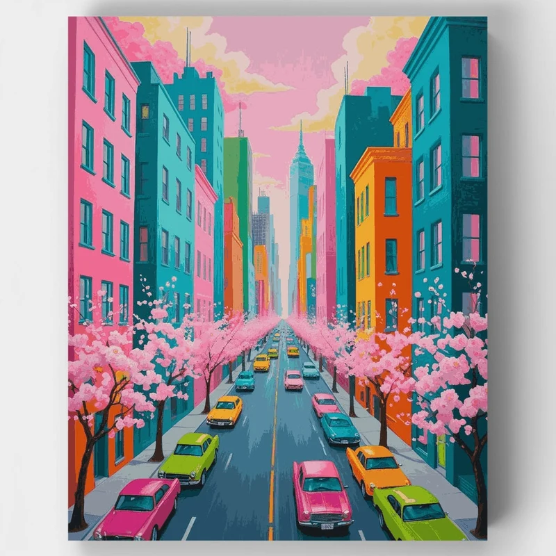 Vibrant City Street in Spring Bloom - Paint by Numbers Kit