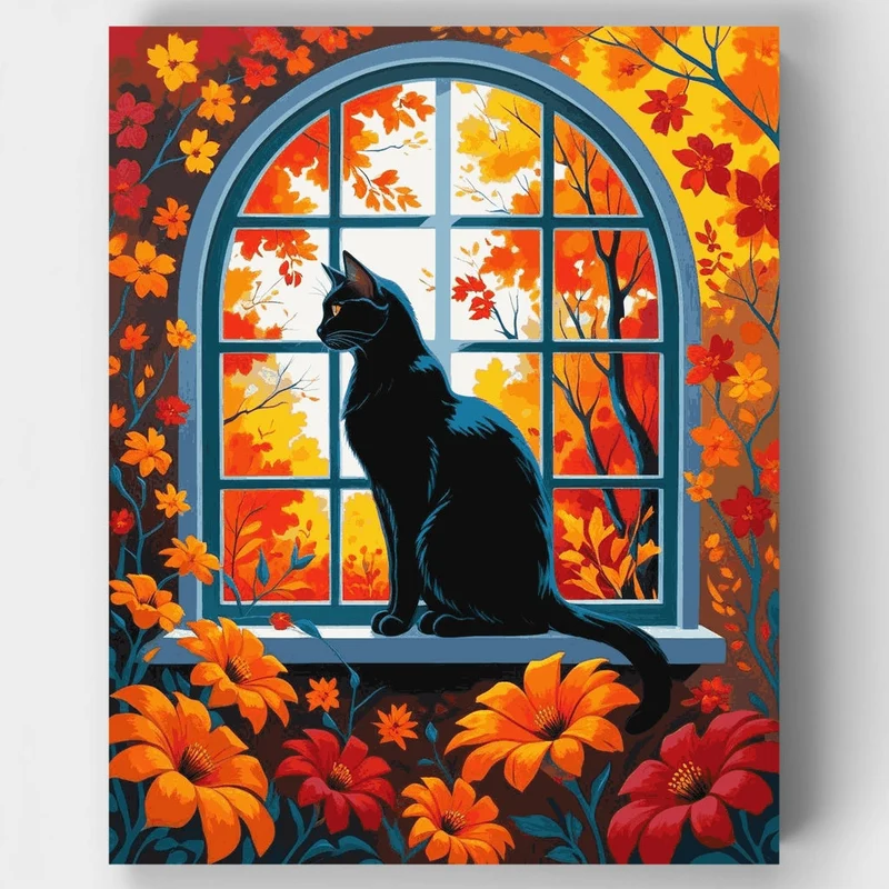 Black Cat Autumn Window - Paint by Numbers Kit