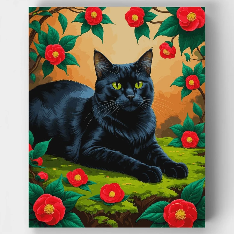 Black Cat with Red Camellias - Paint by Numbers Kit