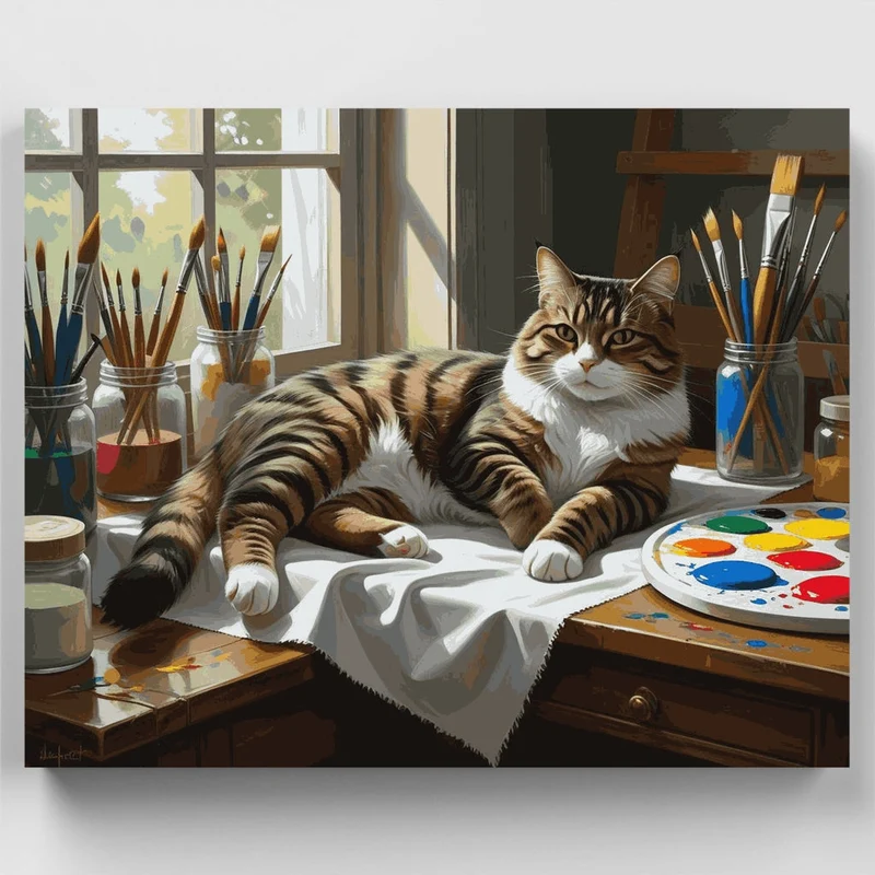 Tabby Cat in Artist's Studio - Paint by Numbers Kit