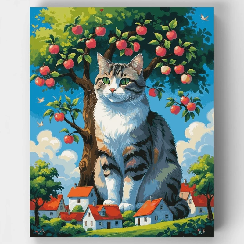 Giant Tabby Cat in Apple Tree Village - Paint by Numbers Kit