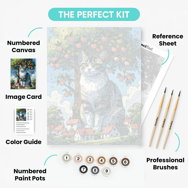 Giant Tabby Cat in Apple Tree Village - Paint by Numbers Kit