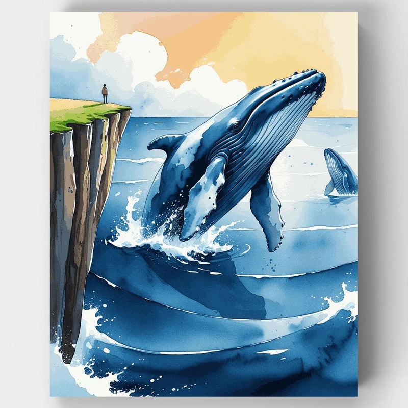 Majestic Whale Breaching Near Cliff - Paint by Numbers Kit