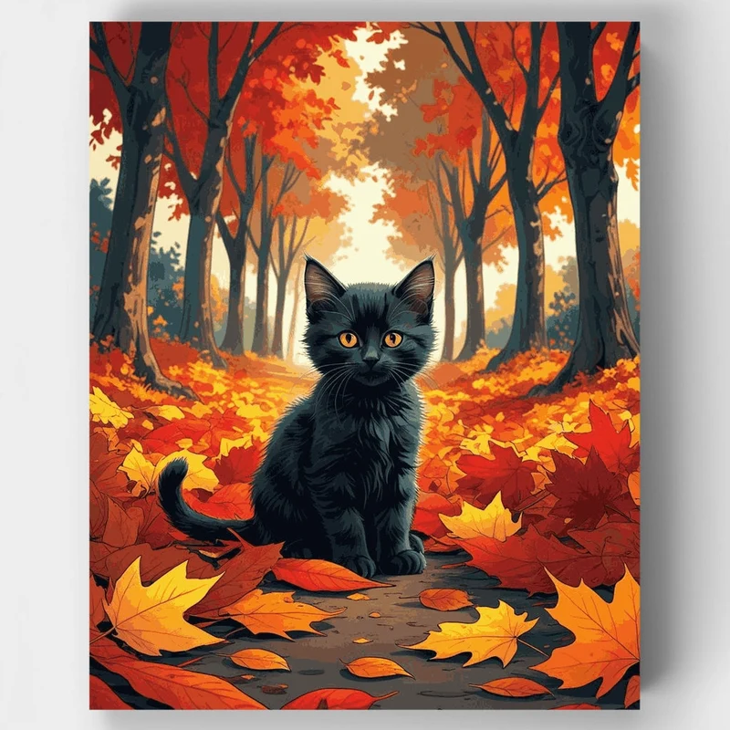 Black Kitten in Autumn Forest - Paint by Numbers Kit