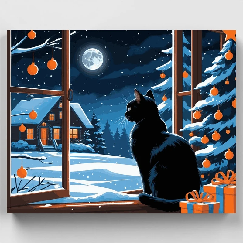Black Cat Gazing at Snowy Christmas Night - Paint by Numbers Kit