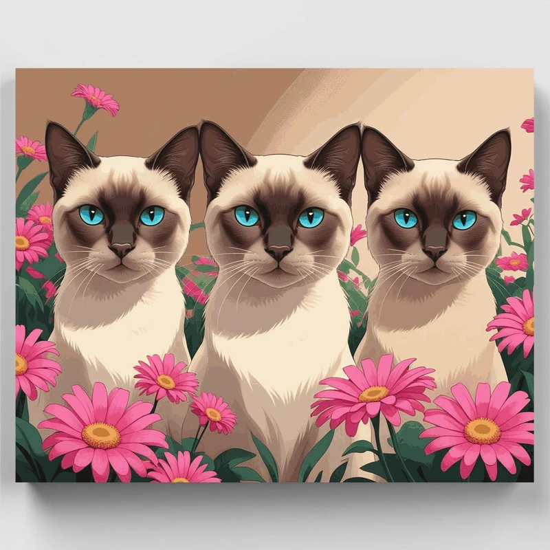 Three Siamese Cats with Pink Flowers - Paint by Numbers Kit