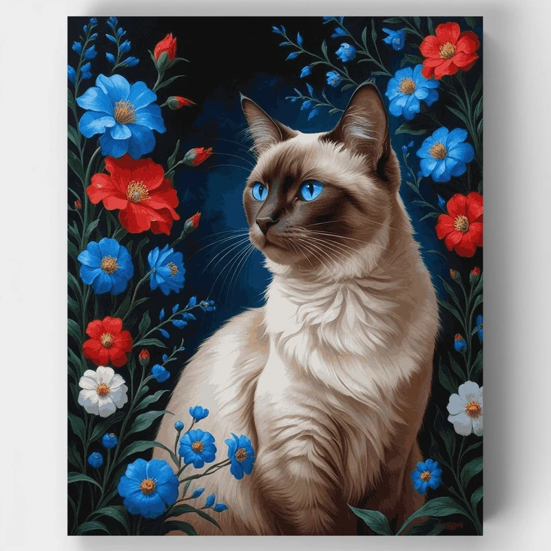 Siamese Cat with Blue Eyes in Floral Garden - Paint by Numbers Kit