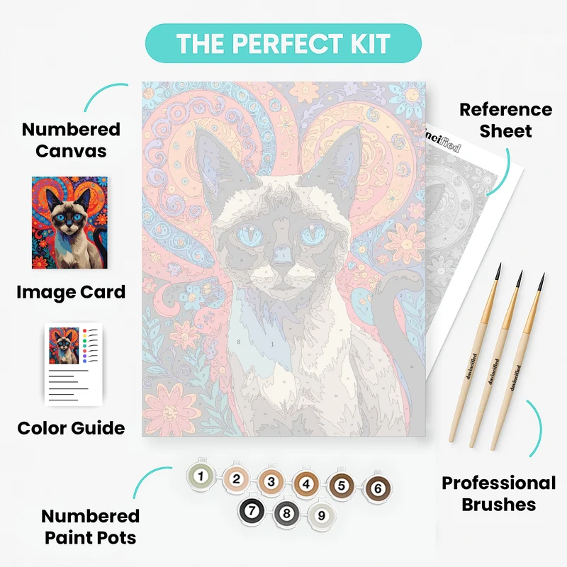 Siamese Cat with Psychedelic Floral Background - Paint by Numbers Kit