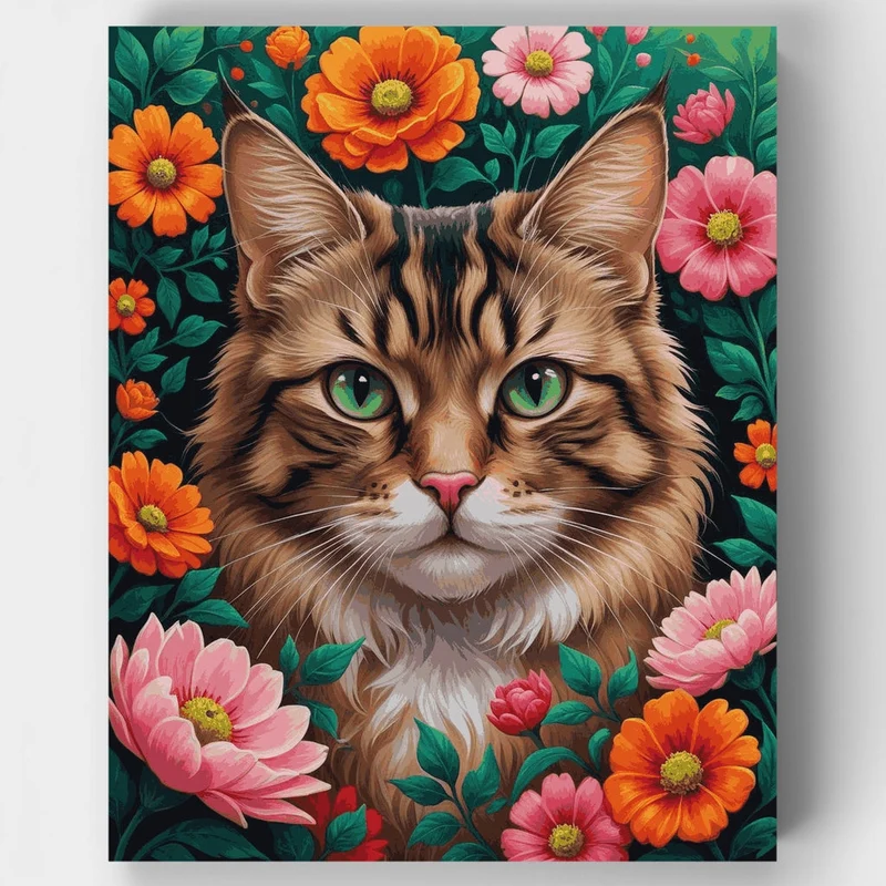 Fluffy Tabby Cat in Blooming Garden - Paint by Numbers Kit