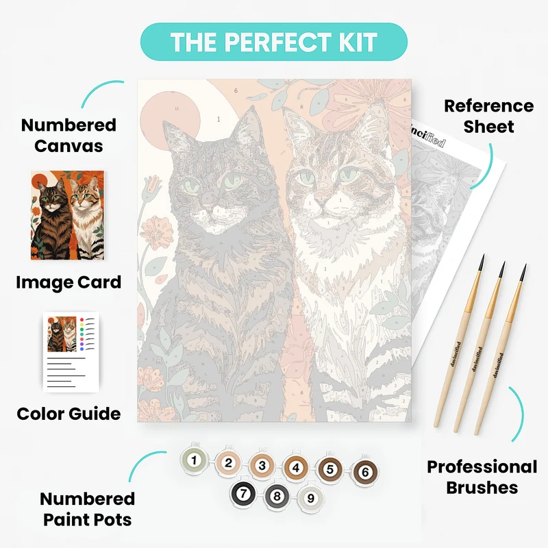 Two Tabby Cats with Orange Floral Background - Paint by Numbers Kit