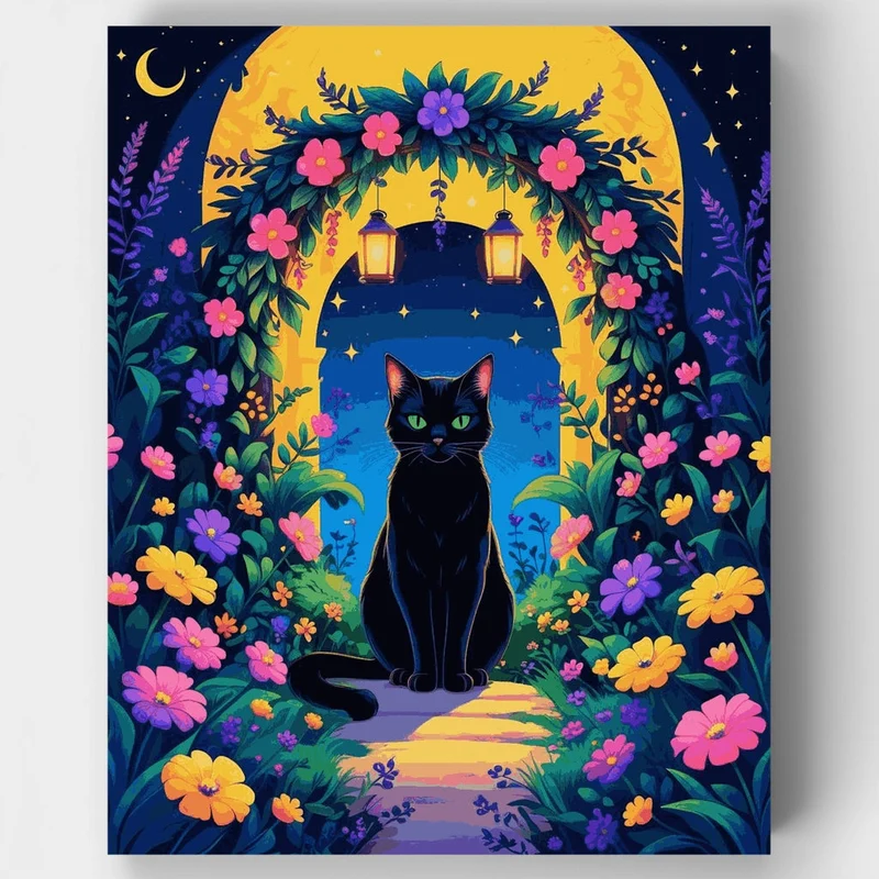 Black Cat in Moonlit Garden - Paint by Numbers Kit