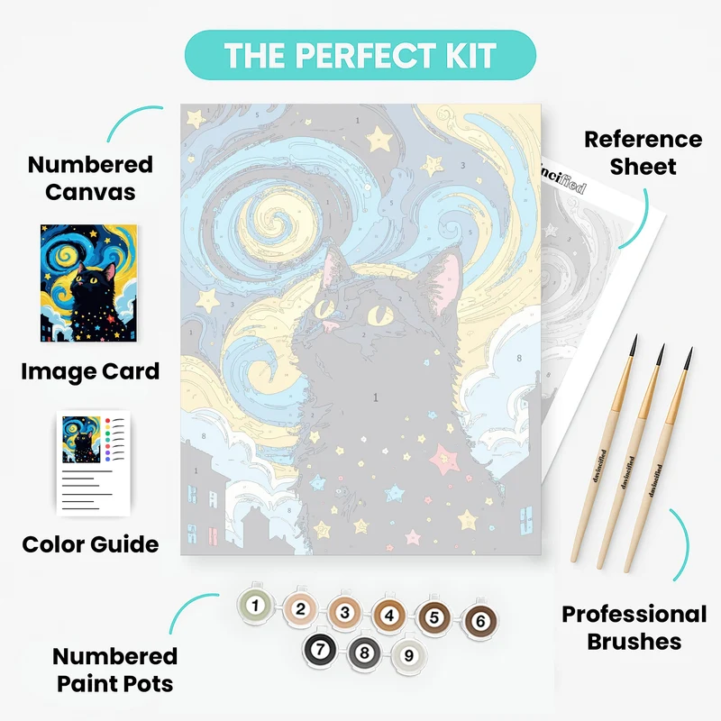 Black Cat with Starry Night Sky Swirls - Paint by Numbers Kit