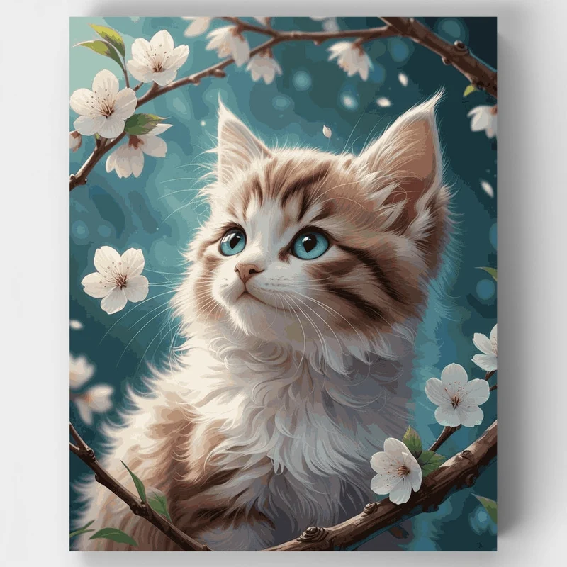 Fluffy Kitten Among Cherry Blossoms - Paint by Numbers Kit