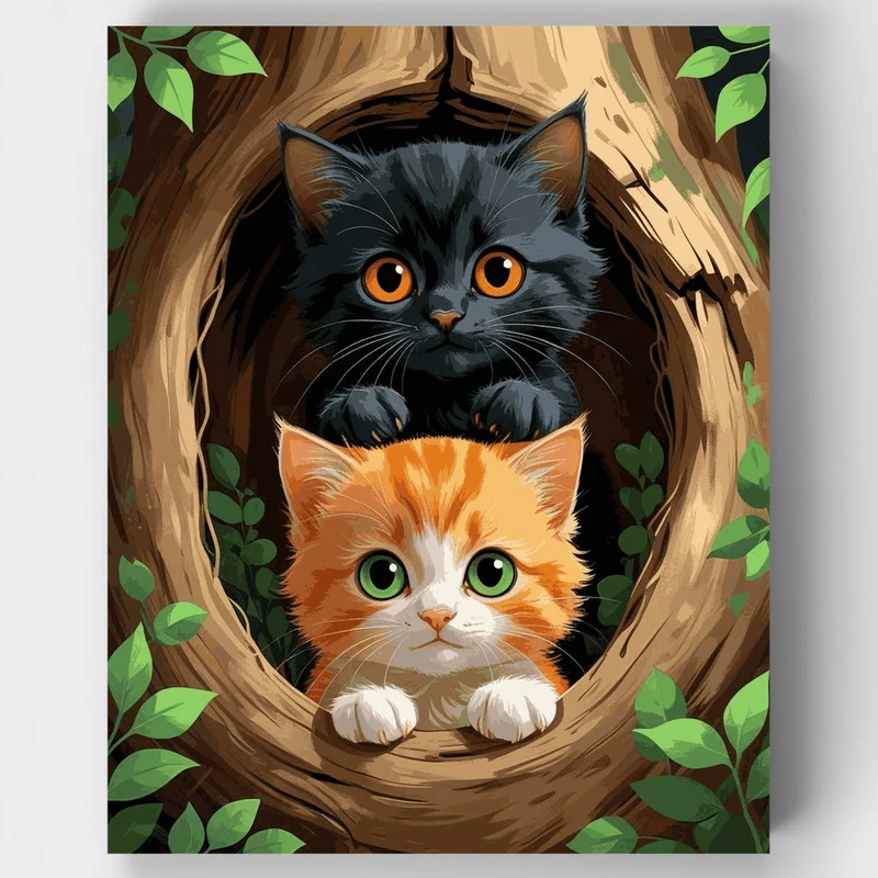 Two Kittens Peeking from Tree Hollow - Paint by Numbers Kit