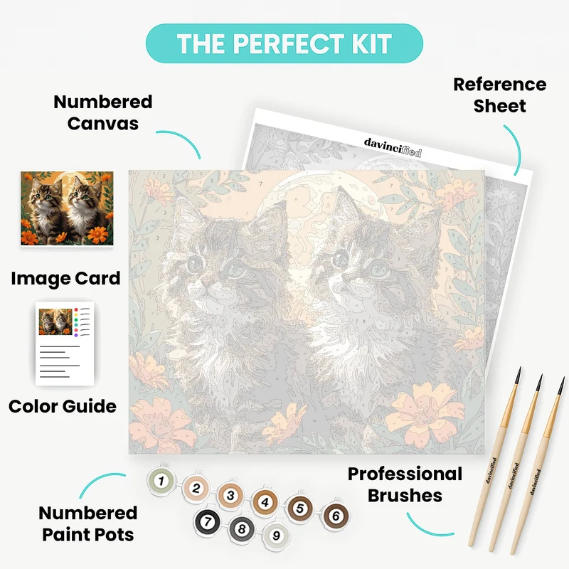Two Fluffy Kittens Under Golden Moon - Paint by Numbers Kit