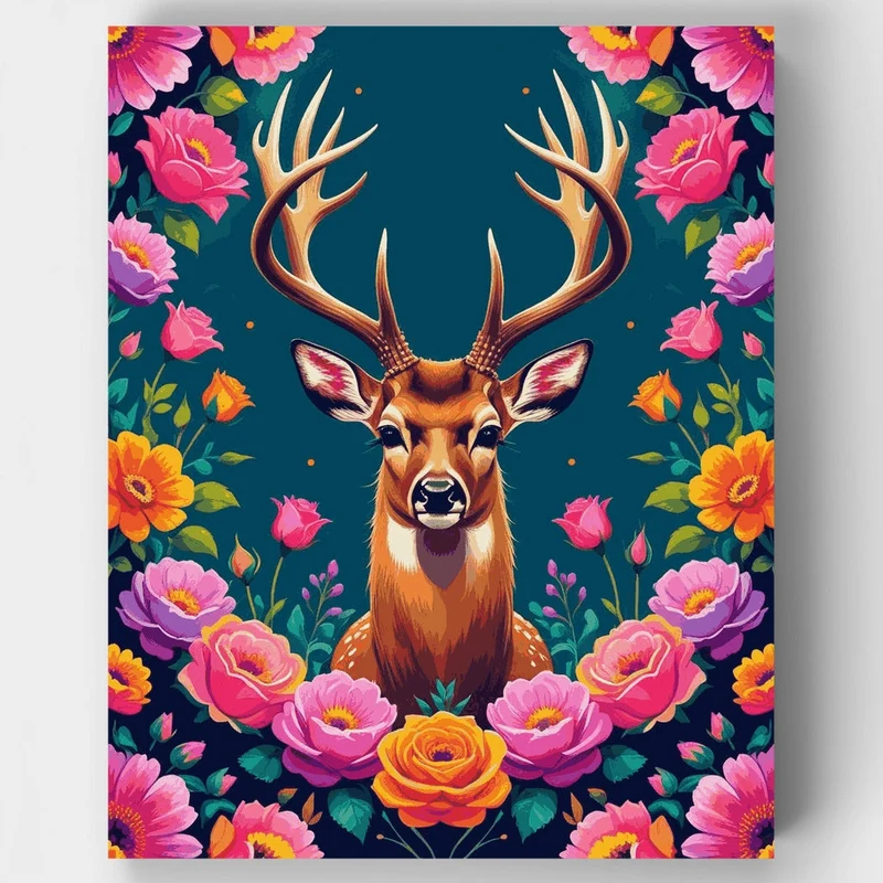 Majestic Deer Surrounded by Vibrant Florals - Paint by Numbers Kit