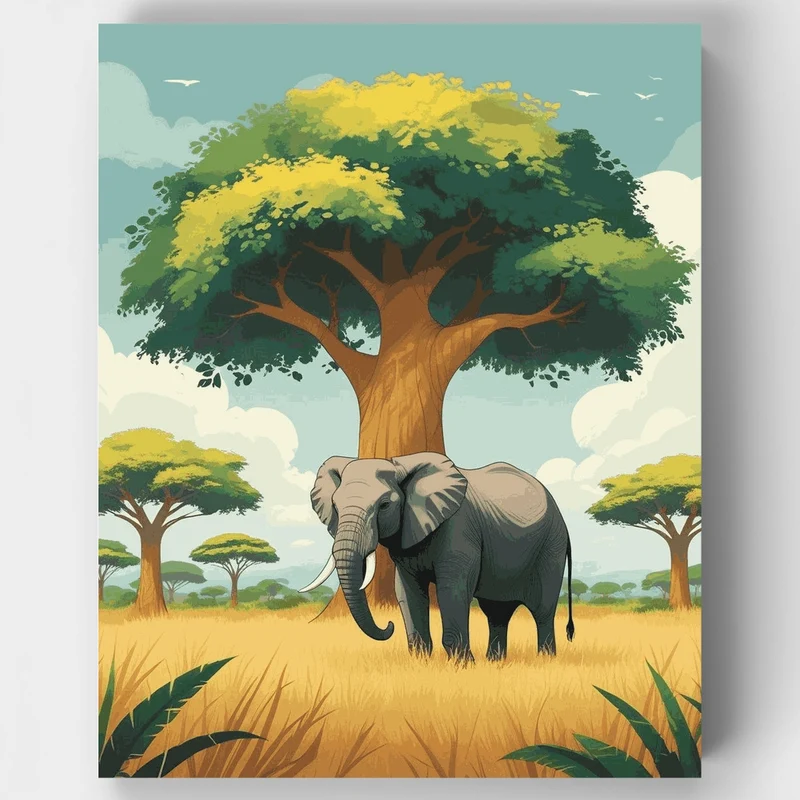 Majestic Elephant Under African Baobab - Paint by Numbers Kit