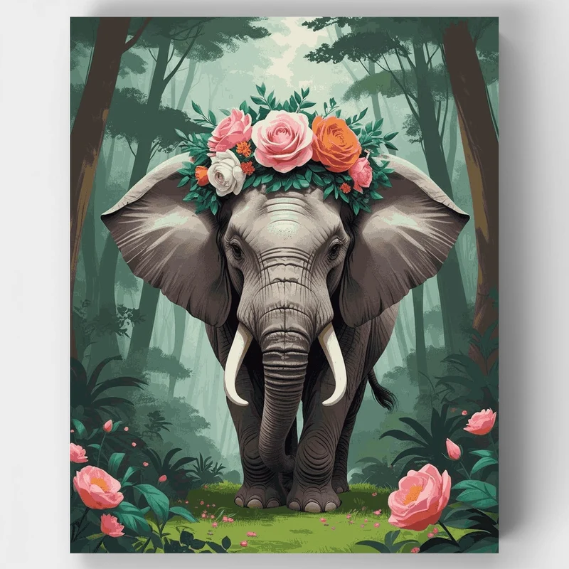 Majestic Elephant with Floral Crown - Paint by Numbers Kit