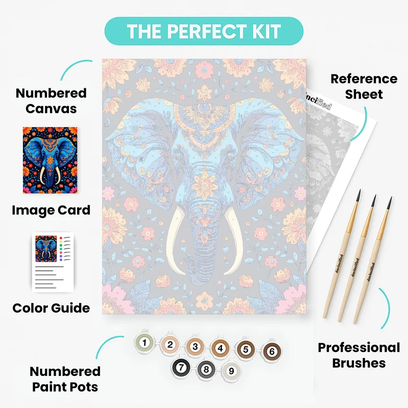 Ornate Blue Elephant with Floral Patterns - Paint by Numbers Kit