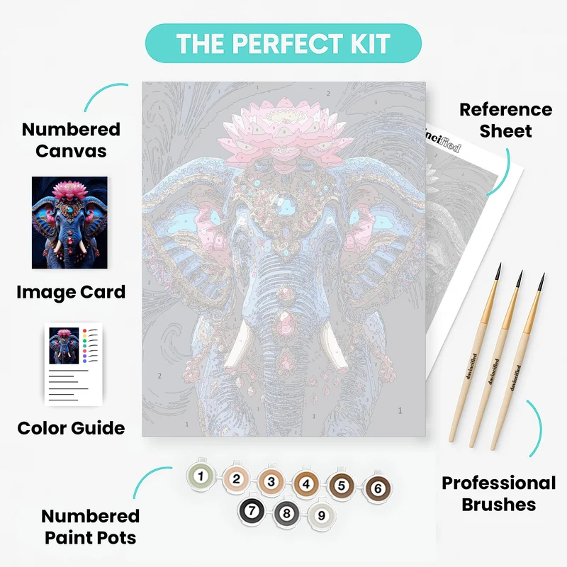 Ornate Blue Elephant with Lotus Crown - Paint by Numbers Kit